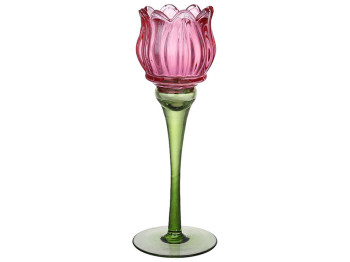 Свічник скляний Тюльпан, 27см, колір - яскраво-рожевий із зеленим