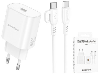 Мережевий зарядний пристрій Borofone BA82A 1USB-C PD/QC 25W+Type-C to Type-C, колір бiлий