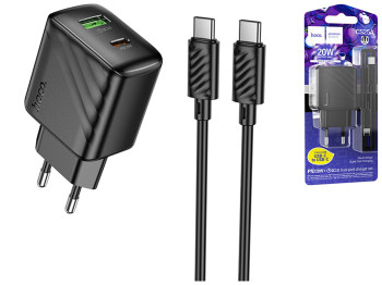 Мережевий зарядний пристрій Hoco CS25A 1USB-C/1USB PD/QC 20W+Type-C to Type-C, колір чорний