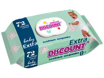 Влажные салфетки детские Discount Extra с экстрактом ромашки 72шт с клапаном