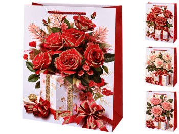 Пакет подарунковий паперовий Flowers L з ручками, 30×41,5×12 см, 4 дизайни (ціна за 1шт)