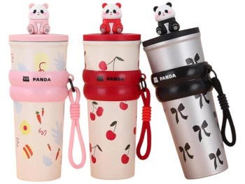 Термос дитячий Panda, з трубочкою та ремінцем, нержавіюча сталь, силікон, 700мл, 3 дизайни