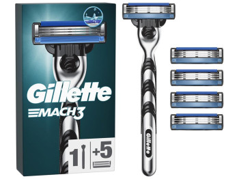 Бритва для гоління Gillette Mach3, з 5 змінними касетами, 3 леза, нержавіюча сталь, колір чорний