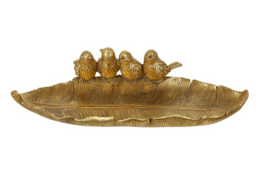 Блюдо декоративное с птичками, полирезина, 29,5×17×6,5см, цвет золото антик