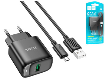 Мережевий зарядний пристрій Hoco C140A 1USB QC 18W+USB to Micro, колір чорний