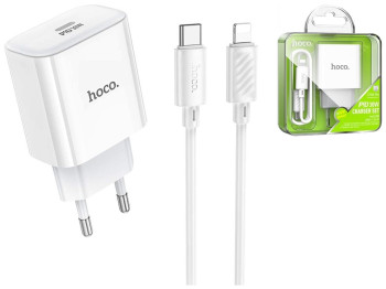 Мережевий Зарядний Пристрій Hoco C76A Pro 1Type-C PD/QC 30W+Type-C to Lightning, Колір Бiлий