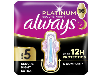 Прокладки гігієнічні Always Platinum Secure Night Extra, з крильцями, 7 крапель, розмір 5, 16шт