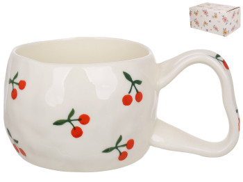 Чашка керамічна Cherry, з малюнком вишні та фігурною ручкою, 370 мл