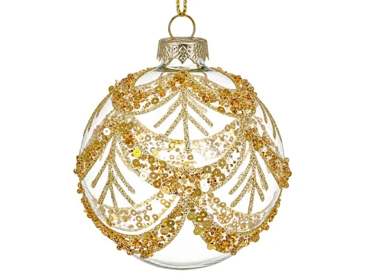 Елочный шар стеклянный прозрачный с золотым орнаментом, 8 см
