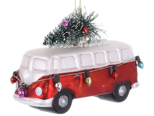 Ялинкова скляна прикраса Автобус із бісером і ялинкою, 10,5×4×8 см