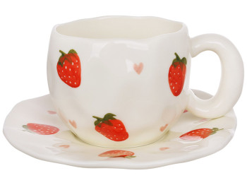 Чашка з блюдцем, керамічна, серія Strawberry, різнокольорова, 350 мл