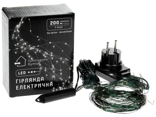 Гірлянда-пучок 200 mini-LED, 10 ниток по 2 м, теплий білий, зелений дріт, постійне світіння