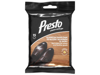 Серветки вологі Presto Clean, для чищення взуття та виробів зі шкіри, з воском карнаубу, 15шт