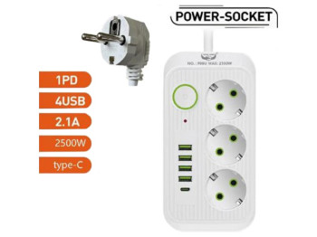 Удлинитель, 3м (3р 4USB 1PD с выключателем) 22х14,8х5см