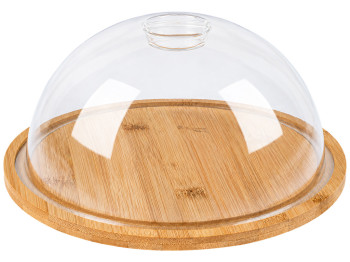Блюдо для подачі з ковпаком, бамбукова основа, прозора кришка, 23,5×23,5×11 см