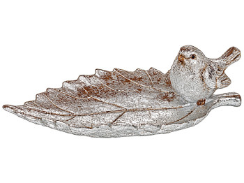 Блюдо декоративне Лист з фігуркою птаха, сріблясте, 21,5×12×6,5 см