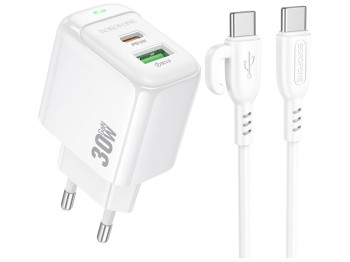Зарядний пристрій Borofone BAS45A 1USB-C/1USB PD/QC 30W + Type-C to Type-C, колір білий