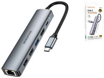 USB Hub Borofone DH16 6-в-1 Type-C to HDMI+PD+USB3.0+USB2.0*2+RJ45(L=0.15M) Цвет Серый