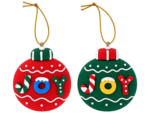 Елочная игрушка подвеска Шар с надписью JOY, мягкая керамика, 2 цвета, 7×8 см (цена за 1 шт)