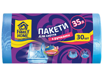 Пакеты для мусора Family Home, 50x65см, голубые, 35л, 30шт, с ручками