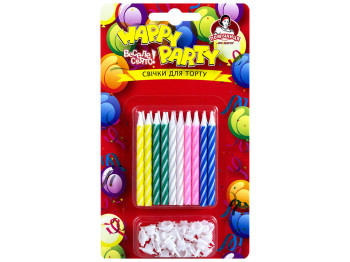 Свечи для торта Помічниця Happy Party разноцветные, 20 свечей и 10 подставок, 6 см