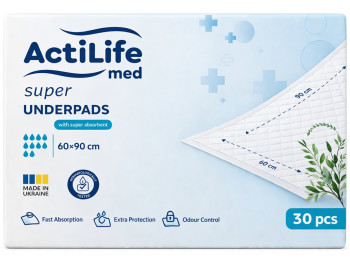 Пелюшки гігієнічні ActiLife Med Super, одноразові, нетканий матеріал, целюлоза, 60×90см, 30шт