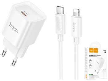 Мережевий зарядний пристрій Hoco C146A 1USB-C PD/QC 20W+Type-C to Lightning, колір бiлий