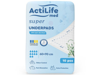 Пелюшки гігієнічні ActiLife Med Super, одноразові, нетканий матеріал, целюлоза, 60×90см, 10шт