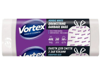 Пакеты для мусора Vortex п/е, с затяжкой, 55х57см, белый, HD, 40л, 20шт