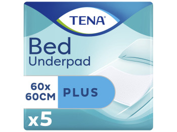 Пелюшки одноразові Tena Bed Plus, багатошарові, захист від протікань, целюлоза, 60×60см, 5шт