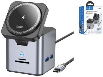 Хаб USB Hoco HB49 Type-C to HDTV+PD100W+USB3.0*3+SD+TF+RJ45(1Gbps)+Wireless 15W Колір Сiрий