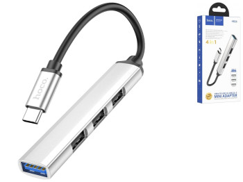 Хаб USB Hoco HB26 4 in 1 adapter(Type-C to USB3.0+USB2.0x3), Срібло