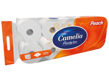 Бумага туалетная Camelia Персик, 3 слоя, 10 рулонов, 125 листов, 100% целлюлоза, цвет белый