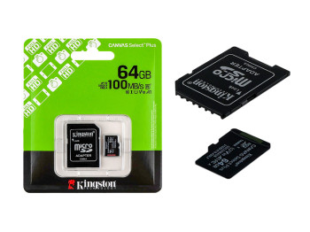 Карта Пам'яті Kingston Canvas Select Plus Gen3 microSDXC (UHS-1) 64gb 10 Class & Adapter Чорний