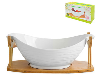 Фруктовниця порцелянова на бамбуковій підставці White Classic 12" 31х17х12см