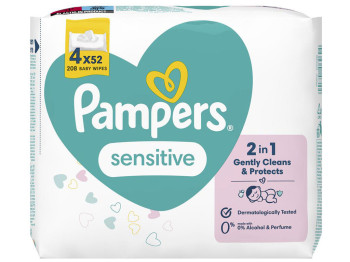 Дитячі вологі серветки Pampers Sensitive, 4 х 52шт (208шт)
