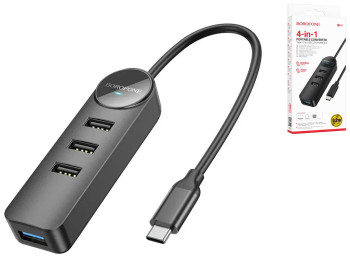 Хаб USB Borofone DH5 4-in-1 (Type-C to USB3.0+USB2.0*3)(L=0.2M) Колір Чорний