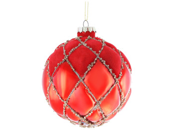 Ялинкова куля рельєфної форми з глянсовим та оксамитовим покриттям, 10см, колір - червоний