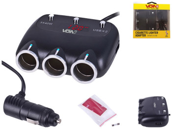 Розгалужувач (подовжувач) прикурювача VOIN, 3 виходи, 2 USB 2400 mA, 12/24V, SC-3003, дріт+вольтметр