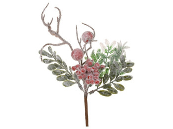 Ветка декоративная ягод, листьев и хвои в инее, пластик, проволока, 24см, цвет красный с зеленым