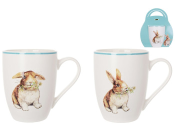 Кружка с голубой каймой Happy Rabbit, 2 дизайна, 340мл (цена за 1шт)