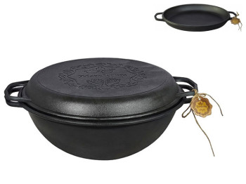 Котел узбецький WOK з кришкою-сковородою Maysternya, чавун, 8л, колір чорний