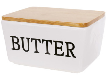 Масленка керамическая Butter с бамбуковой крышкой, 13,8х10,2х7,8см, цвет - глянцевый белый