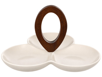 Менажниця Natural Serving Cream порцелянова з дерев’яною ручкою, 3 секції, 24×23×13 см