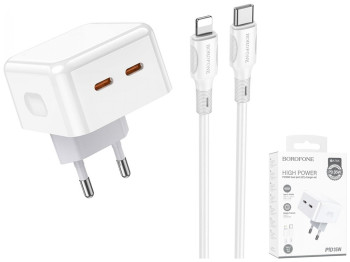 Мережевий Зарядний Пристрій Borofone BA76A Source PD/QC 35W Type-C to Lightning, Бiлий