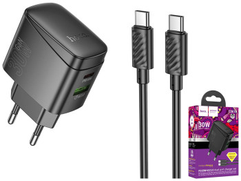 Мережевий зарядний пристрій Hoco CS61A 1USB/1USB-C PD/QC 30W+Type-C to Type-C, колір чорний