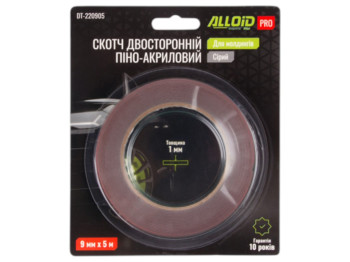 Скотч Alloid Pro, двухсторонний, на пено-акриловой основе, 9 мм х 5 м, для молдингов, 1 мм