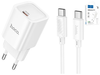Мережевий зарядний пристрій Hoco C148A 1USB-C PD/QC 30W+Type-C to Type-C, колір бiлий