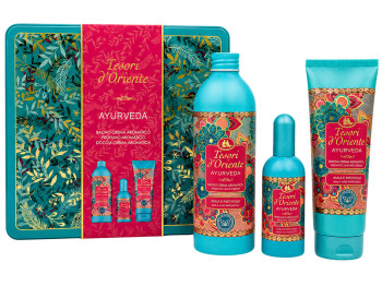 Подарунковий набір у металевій коробці Tesori d’Oriente Ayurveda, туалетна вода та гелі, 3 предмети