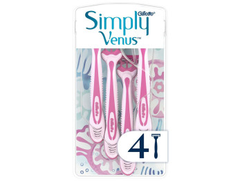 Станок для бритви Gillette Simply Venus 3, одноразовий, з алое, 3 леза, пластик, колір рожевий, 4шт
